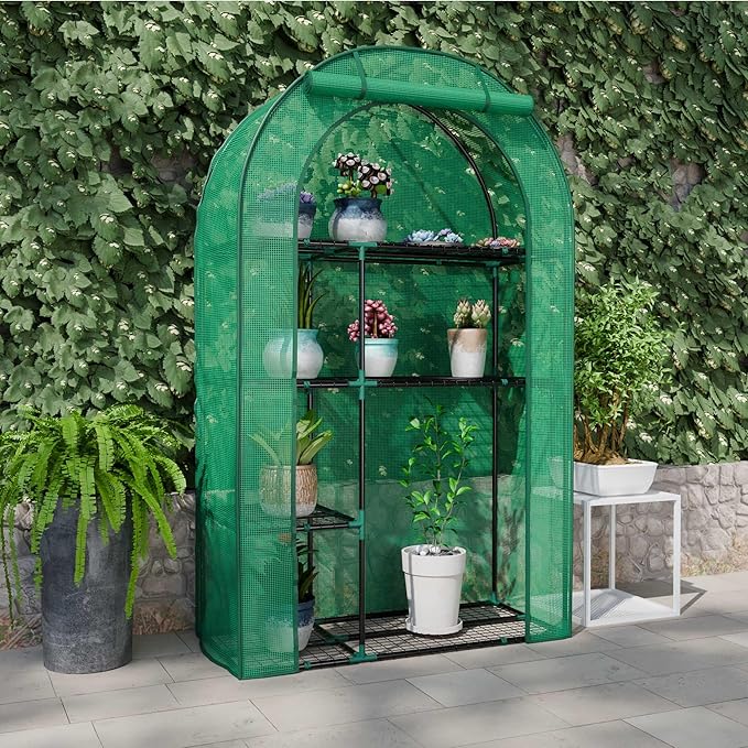 4-Tier Mini Greenhouse, 40 x 18 x 63 inch Steel Frame and PE Cover Plastic Plant Rack Stand Green House with Plant Repotting Mat for Indoor & Outdoor Use (Clear and Green)