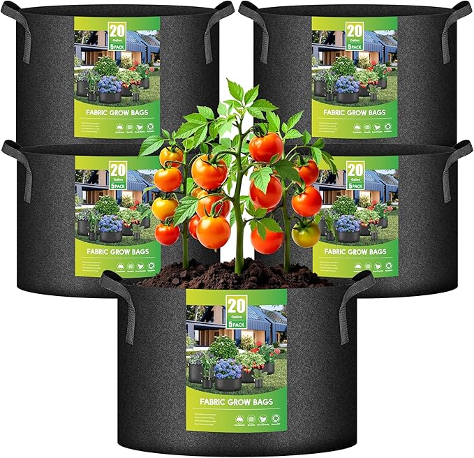 iPower 5-Pack 20 Gallon Plant Grow Bags Thickened Nonwoven Aeration Fabric Pots Heavy Duty Durable Container, Strap Handles for Garden with 5 Labels, Black New