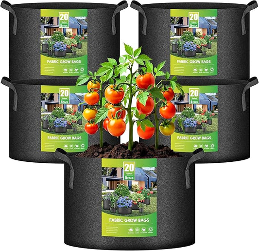 iPower 5-Pack 20 Gallon Plant Grow Bags Thickened Nonwoven Aeration Fabric Pots Heavy Duty Durable Container, Strap Handles for Garden with 5 Labels, Black New