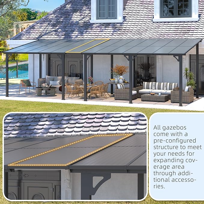 AECOJOY 16' x 8' Gazebo Outdoor Pergola for Patio, Hard Top Lean to 8x16 Gazebo Shelter Pergolas and Gazebos Clearance with Patio Roof, Large Wall-Mounted Heavy Duty Awnings for Patio, Decks, Backyard