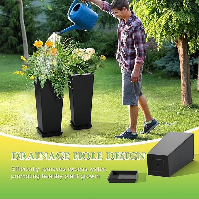 Set of 2 Large Tall Planter for Indoor or Outdoor 24" Tall Flower Pots Tapered Tall Planters with Tray for Porch, Patio, Backyard, Large Planters for Outdoor Indoor Plants(Black)