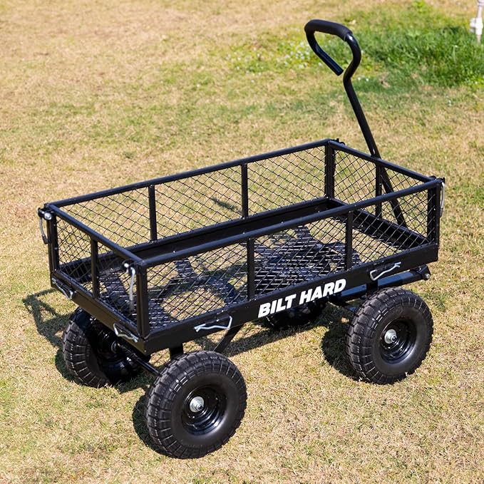 BILT HARD Flat Free Steel Garden Cart 400 Lbs, Heavy Duty Utility Wagon with Removable Mesh Sides, No-Flat Garden Carts and Wagons Flatbed, Black