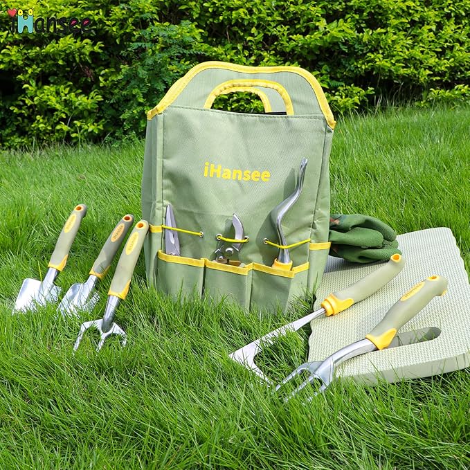 Set of 12 Garden Tool, iHansee Heavy-Duty Aluminum Gardening Hand Tools with Rubber Non-Slip Handle, Garden Apron, Gloves, Kneeling Pad and Storage Bag, Garden Hand Tools Starter Kit Landscaping Tools