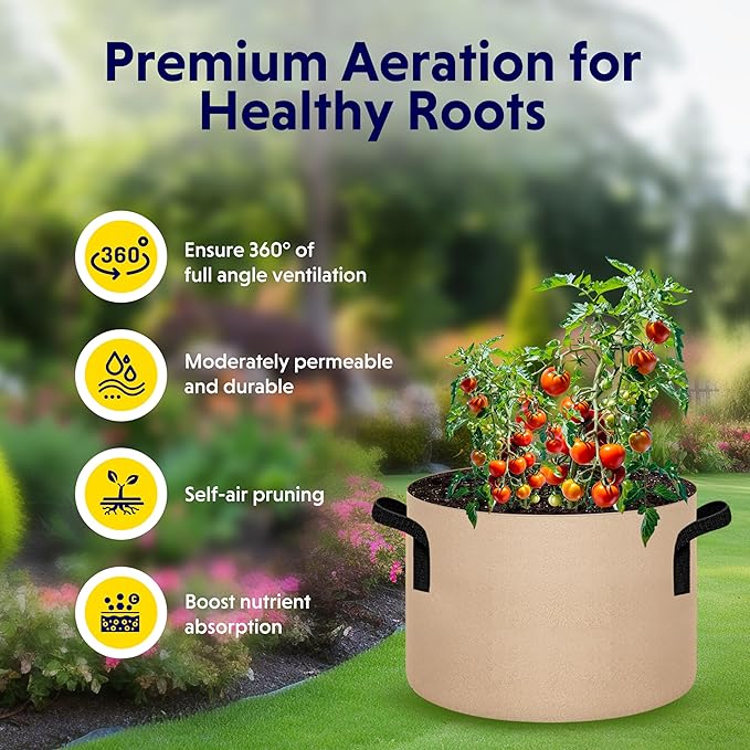 iPower 5-Pack 20 Gallon Plant Grow Bags Thickened Nonwoven Aeration Fabric Pots Heavy Duty Durable Container, Strap Handles for Garden, Tan New