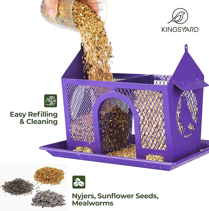 Kingsyard Metal Bird Feeders for Outdoors Hanging, Wild Bird Feeder with Seed Tray and Weatherproof Roof, 3 lbs Seed Capacity, Purple