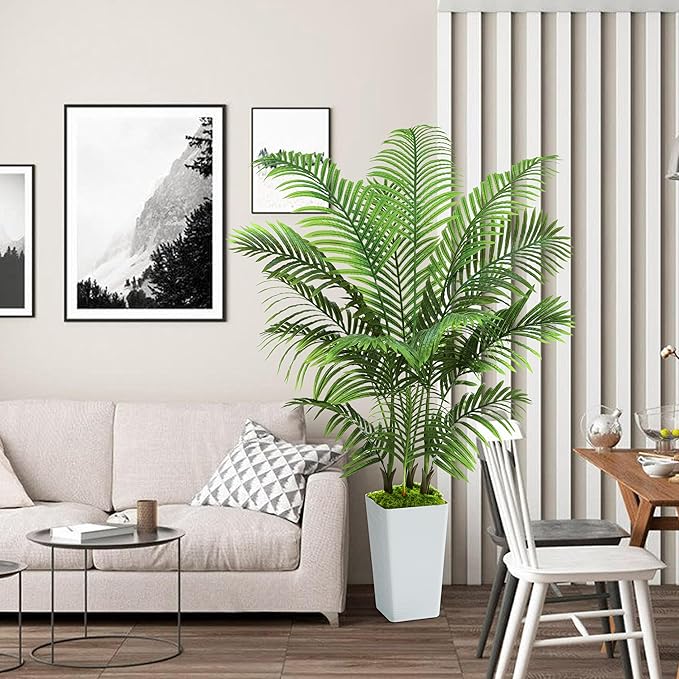 Artificial Palm Tree Artificial Silk Plant Fake Tree with White Tall Planter Faux Tropical Areca Floor Plant in Pot (1, White Tall Planter, 5 FT)