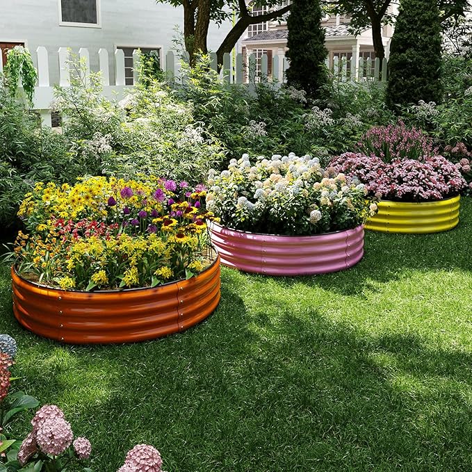 Galvanized Metal Planter Round Raised Garden Bed Kit for Gardening Outdoor,2x2x1ft Planter Grow Garden Box Raised Flower Bed,Round Galvanized Planter Outdoor Metal Fire Pit Ring