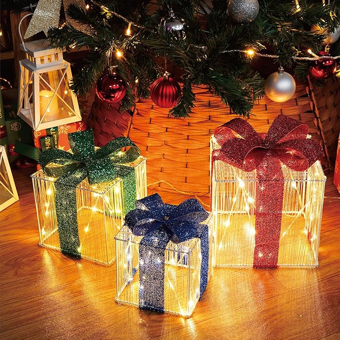 Set of 3 Christmas Lighted Gift Boxes, 140 LED Light Up Present Boxes for Christmas Decorations Indoor Outdoor Yard Xmas Tree Holiday Party Lawn Porch Home Decor (3 Colored Bow)
