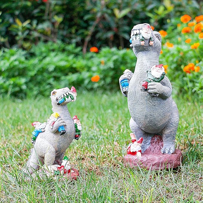 M.A.K Dinosaur Eating Gnomes Garden Decor, Art for Garden Decor, Outdoor Statue for Patio, Lawn, Yard Art Decoration, Housewarming Garden Gift