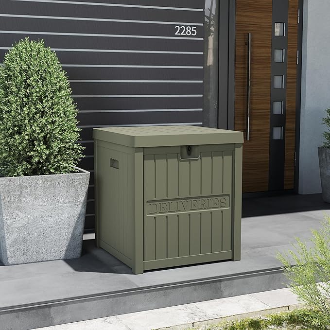 51 Gallon Resin Package Delivery Box for Outside, Lockable Secure Bin for Front Porch, Large Deck Boxes Outdoor Waterproof, Driver Snack Box, Olive