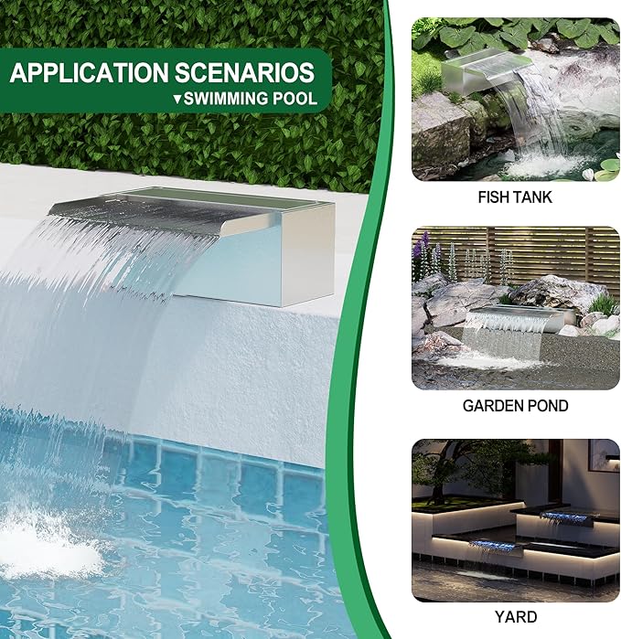 Waterfall Pool Fountain LONGRUNNEW 304 Stainless Steel 9.06" Rectangular Waterfall Spillway, Water Fall Fountain with Pipe Connector for Garden Outdoor, Swimming Pools, Fountains, Pond and Spa