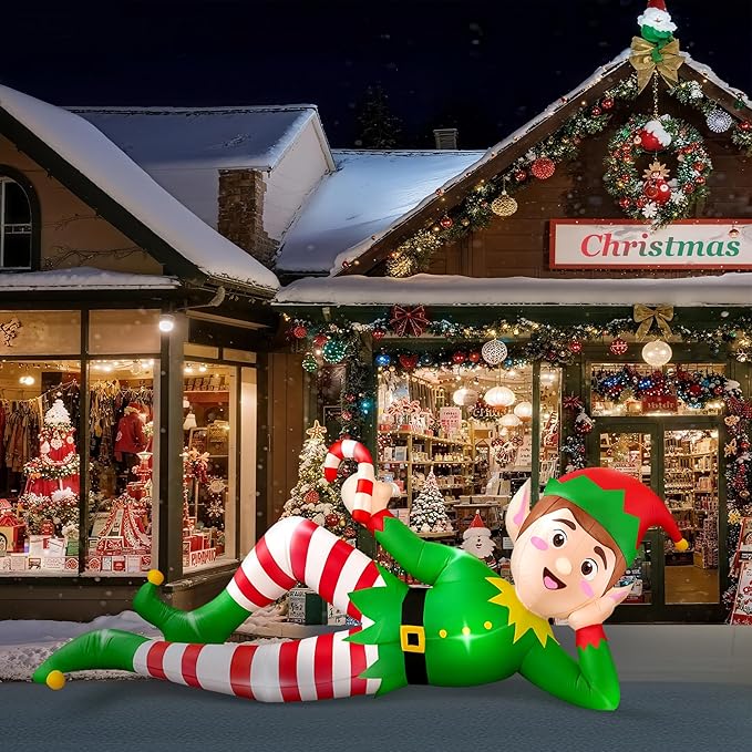 8 FT Christmas Inflatable Outdoor Decoration, Lying Elf Christmas Blow up Yard Decorations with LED Lights, Elf Inflatable Outdoor Decoration for Garden Lawn Roof Xmas Decorations