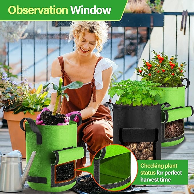 6 Pack Potato Grow Bags 10 Gallon with Flap, Grow Bags for Growing Potatoes, Duarable Fabric Garden Planter Pots with Harvest Window for Vegetable and Fruits, Black & Green