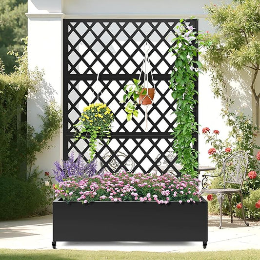 Metal Planter Box with Trellis, Heavy-Duty Raised Garden Bed for Climbing Plants, Drainage Hole, Outdoor Planter Box with Privacy Screen,47''L×16''W×71''H