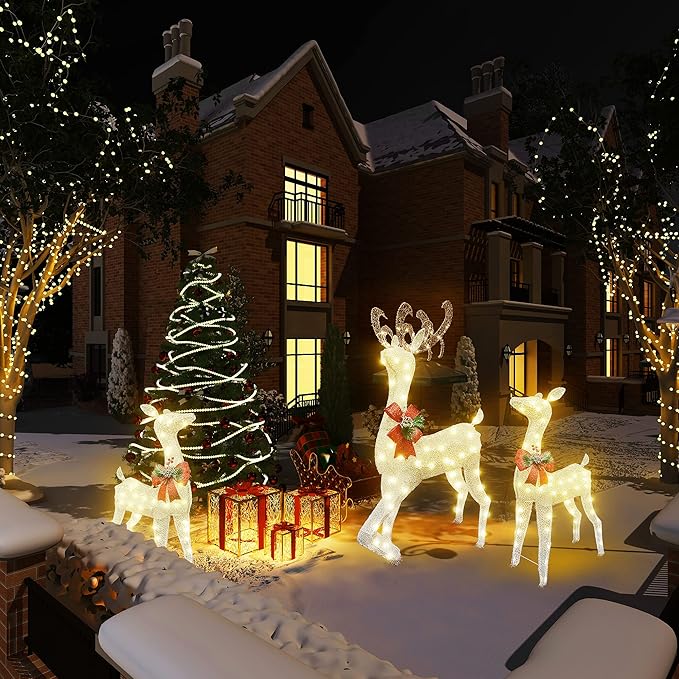 Lamerge Lighted Reindeer Family Set of 3, Christmas Decorative Deer with Red Bow and Ground Stake, Indoor or Outdoor Christmas Holiday Decoration for Yards Lawn Patio -White