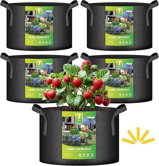 iPower 5 Pack 7 Gallon Plant Grow Bags, Thickened Nonwoven Aeration Fabric Pots Heavy Duty Durable Container, Strap Handles for Garden, Black