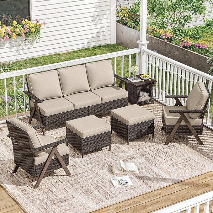 6 Piece Patio Furniture Set, Wicker Patio Conversation Set with Patio Chair and Outdoor 3-Seater Sofa and 2 Ottomans and Side Table for Deck Yard and Poolside