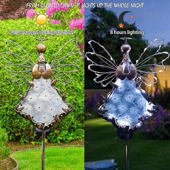 Angel Solar Lights Garden Stake Outdoor-38Inch Metal&Glass Solar Angel Stake Grave Decorations for Cemetery-Perfect as Angel Remembrance Gifts & Sympathy Gifts Decorations(Bronze)