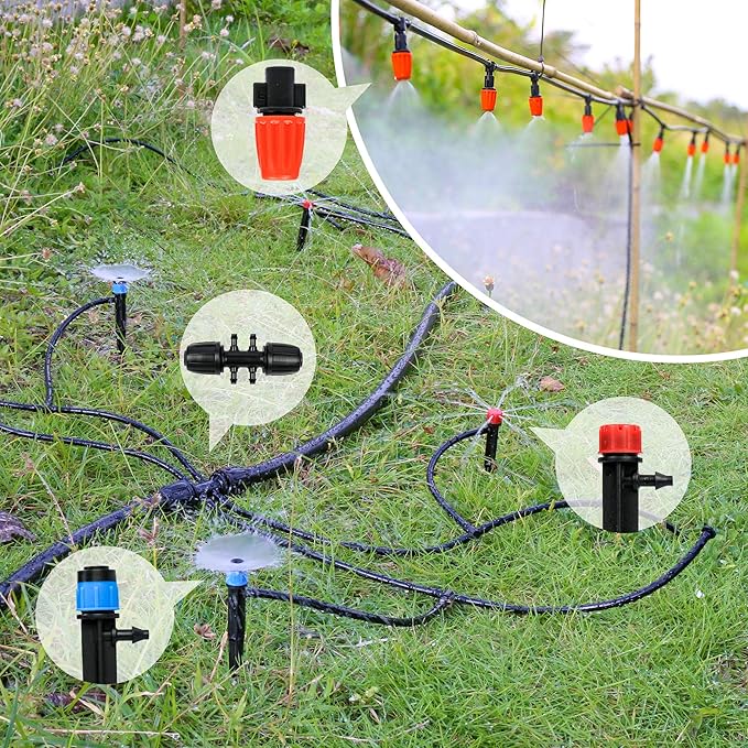 MIXC 226FT Greenhouse Micro Drip Irrigation Kit Automatic Irrigation System Patio Misting Plant Watering System with 1/4 inch 1/2 inch Irrigation Tubing Hose Adjustable Nozzle Emitters Barbed Fittings