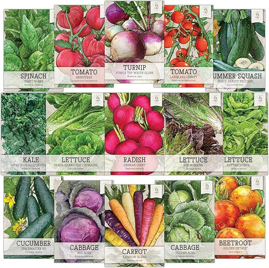 Seed Needs, Vegetable Seed Packet Collection Variety Pack (15 Varieties of Heirloom Vegetable Seeds for Planting) Organically Grow Your Own Produce