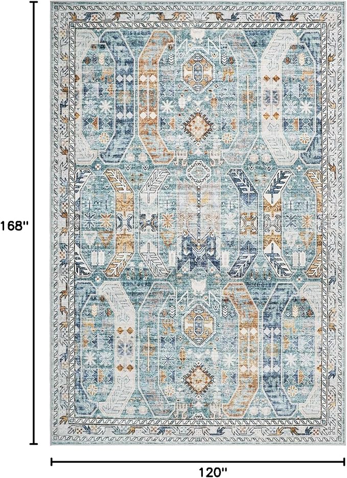 10x14 Area Rugs,Ultra-Thin Washable Rugs for Living Room,Non-Slip Lightweight Foldable Area Rug,Stain Resistant Vintage Large Rugs(Blue/Gold,10'x14')