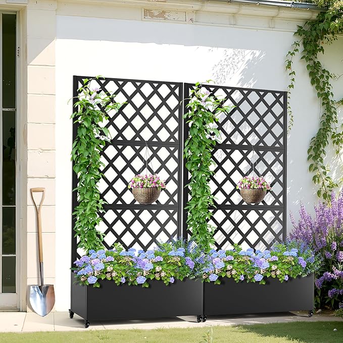 TOAOTBNBO Metal Planter Box with Trellis, Heavy-Duty Raised Garden Bed for Climbing Plants, Drainage Hole, Outdoor Planter Box with Privacy Screen,35''L×16''W×71''H