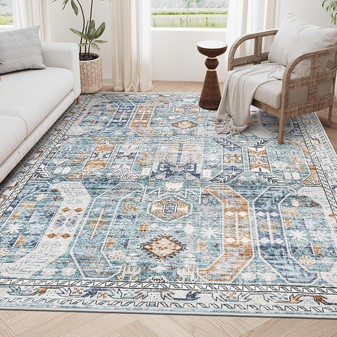 10x14 Area Rugs,Ultra-Thin Washable Rugs for Living Room,Non-Slip Lightweight Foldable Area Rug,Stain Resistant Vintage Large Rugs(Blue/Gold,10'x14')