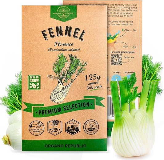 Fennel Florence Seeds Pack 1.25 G - Over 360 Non-GMO Heirloom Fennel Seeds for Planting Herbs in Individual Seed Packet, Herbs Seeds for Planting Home Garden Indoor & Outdoor Gardening
