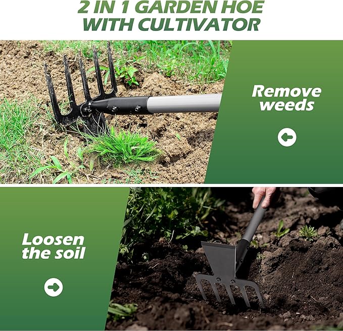 Walensee 2 in 1 Hoe Garden Tool, 63 Inch Garden Hoe Cultivator and 5-Tines Rake with 37-63 Inch Adjustable Long Handle, Weeding Tools Hand Tiller for Yard Lawn Flower Beds Planting Gardening Digging