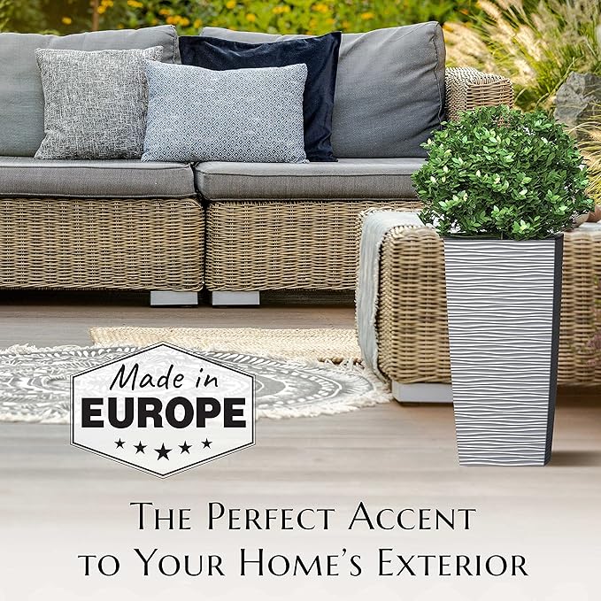 Mueller M-Resin Heavy Duty Tall Planter, Indoor/Outdoor Grande Plant, Tree, Flower Pot, 2-Piece Set, 27.5”, Modern Design, Built-in Drainage, Light Grey