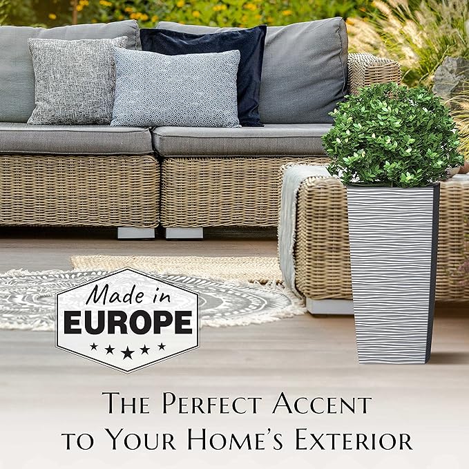 Mueller M-Resin Heavy Duty Tall Planter, Indoor/Outdoor Grande Plant, Tree, Flower Pot, 2-Piece Set, 18”, Modern Design, Built-in Drainage, Light Grey