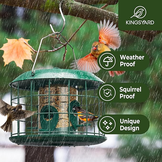 Kingsyard Mesh Caged Bird Feeders for Outdoor Hanging, Tube Squirrel Proof Bird Feeders with Seed Tray for Small Birds Finches Bluebird, Rain Proof Covered, 4 Feeding Ports, Green