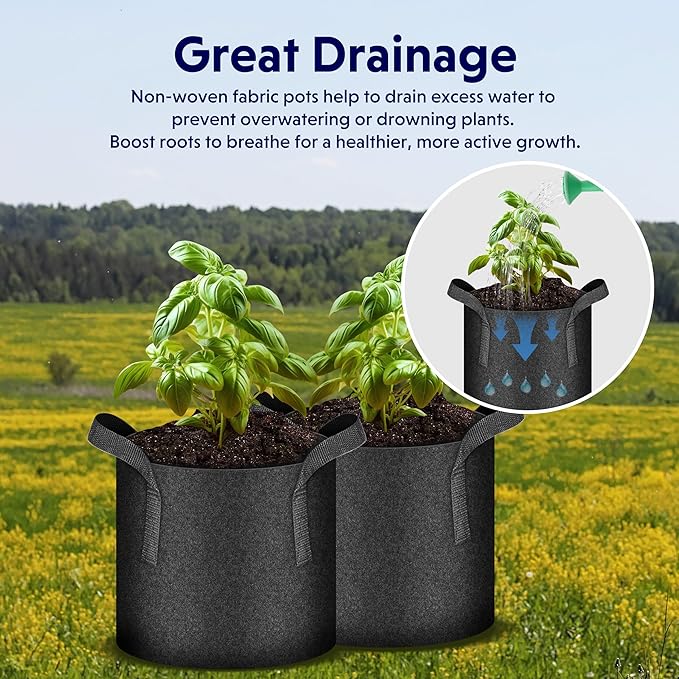 iPower 5 Pack 5 Gallon Grow Bags Heavy Duty 300G Thickened Nonwoven Fabric Plant Pots with 5 Labels & Handles for Outdoor Garden, Aeration Planter Bags for Fruits, Vegetables, Tomato & Flowers, Black