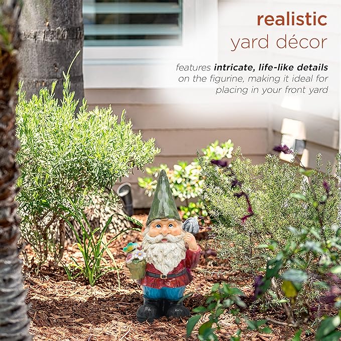 Alpine Corporation 12" Tall Outdoor Garden Gnome with Flower Pot Yard Statue Decoration