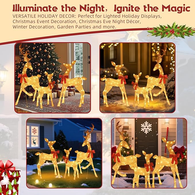 4.5Ft Lighted Reindeer Outdoor Christmas 2D Deer Family Sets Outdoor Reindeer Christmas Yard Decoration with LEDs/Stakes/Zip Ties for Holiday Patio Lawn Garden