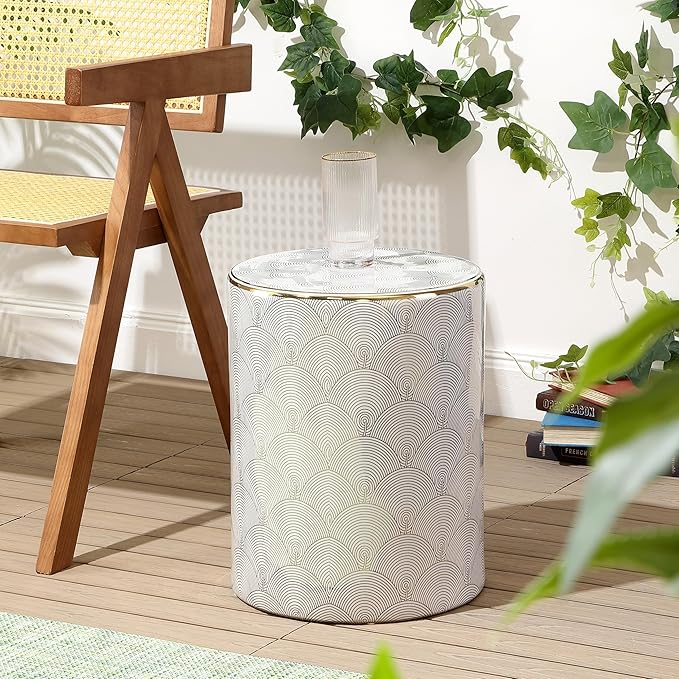JONATHAN Y TBL1001A Fish Scale 17" Modern Ceramic Indoor/Outdoor Garden Stool, Coastal, Contemporary, Transitional, Side Table, Plant Stand, Spill-Proof, Living Room, Garden Room, Patio, White/Gold