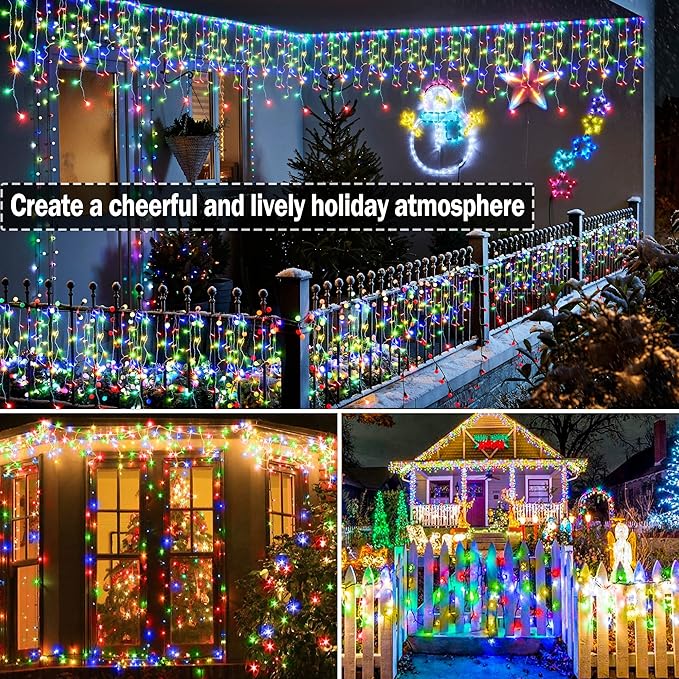 KNONEW 164FT 1600 LED Christmas Lights Outdoor Decoration Multicolor with 320 Drops, 8 Modes Timer Hanging Fairy String Lights Plug in Waterproof Indoor Decor for Holiday Wedding Party Window Garden