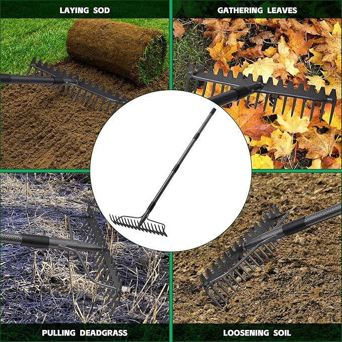 49'' Bow Rake ,17 Tines Metal Head Rake with Stainless Steel Handle,Heavy Duty Garden Rake for Loosening Soil Gathering Leaf Leveling Lawn Farming Land Management Yarn Thatch Rake