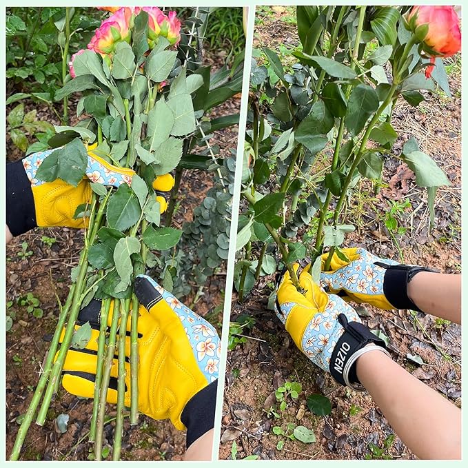 Cowhide Leather Thorn Proof & Puncture Resistant Gardening Gloves for Women and Men, Touchscreen Compatible Working Gloves for Weeding, Digging, Planting, Gardening Gifts for Women (Size Medium)