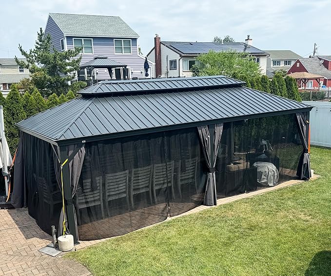 PURPLE LEAF 14' X 28' Outdoor Large Gazebo Permanent Hardtop Gazebo with Galvanized Steel Double Roof for Patio Lawn and Garden, Curtains and Netting Included Grey