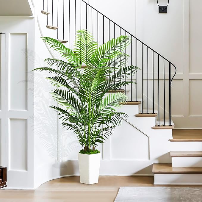 Artificial Palm Tree Artificial Silk Plant Fake Tree with White Tall Planter Faux Tropical Areca Floor Plant in Pot (1, White Tall Planter, 6 FT)