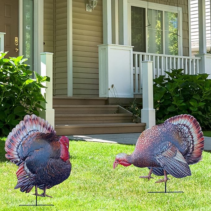 Turkey Metal Garden Stakes Outdoor Decorative Sculptures Holiday Yard Art Fall Thanksgiving Decor for Outdoor Holiday Party Garden Yard Lawn Decor, 2 Pack