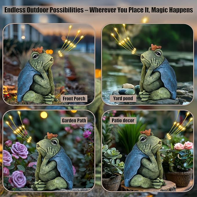 Solar Garden Decor Frog Prince Statue Outdoor, Birthday Gifts for Women Mom Grandma Senior Elder, Frog Ornament for Balcony, Garden, Patio, Yard, Lawn