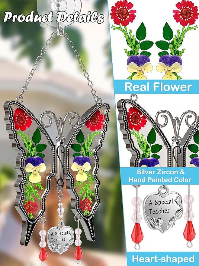 KY&BOSAM Butterfly Suncatcher A Special Teacher Stain Glass Suncatchers for Window Hanging Wind Chime with Pressed Flower Wings in Glass and Heart Charm Birthday Gift for Teacher`s Mother`s Day Gifts