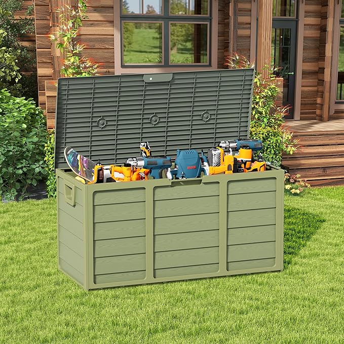 75 Gallon Outdoor Deck Box - Heavy Duty Resin Storage with Lockable Lid, UV Resistant for Patio Furniture Cushions, Pillows (Green)