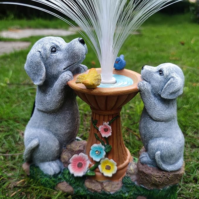 Solar Dog Statues Garden Decor with LED Lights -Resin Dogs Figurines Lights and Colour Changing Fiber Optical Light, Outdoor Decorations for Patio Yard Lawn Ornaments-Gifts for Housewarming