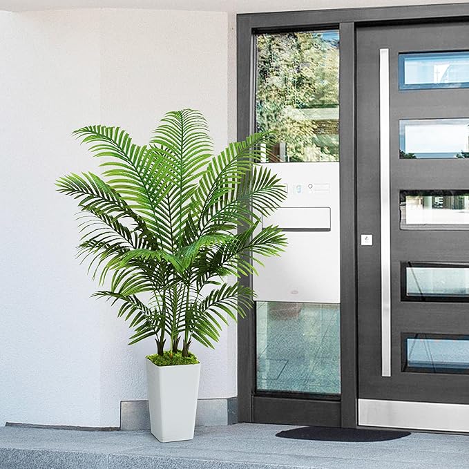 Artificial Palm Tree Artificial Silk Plant Fake Tree with White Tall Planter Faux Tropical Areca Floor Plant in Pot (1, White Tall Planter, 5 FT)