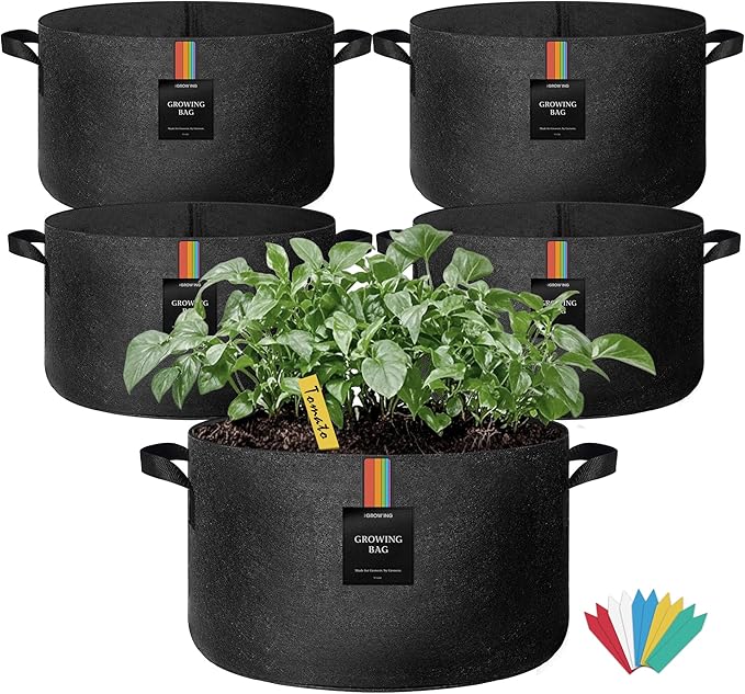 The Growing 5 Pack 10 Gallon Fabric Grow Bags,Thickened Aeration Nonwoven Fabric Plant Pots with Durable Handles,Heavy Duty 300G Planter Pot for Tomato, Fruits, Vegetables and Flowers, Black