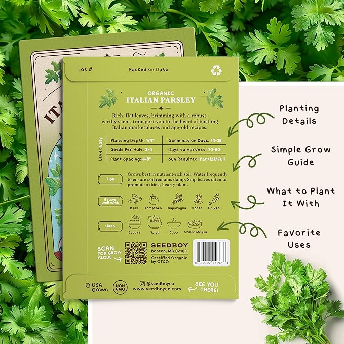 Organic Parsley Herb Seeds for Indoor Gardening or Planting Outdoors, Non-GMO and USDA Certified Herb Seed Packets, 125 Seeds/ 250mg (Italian Parsley)