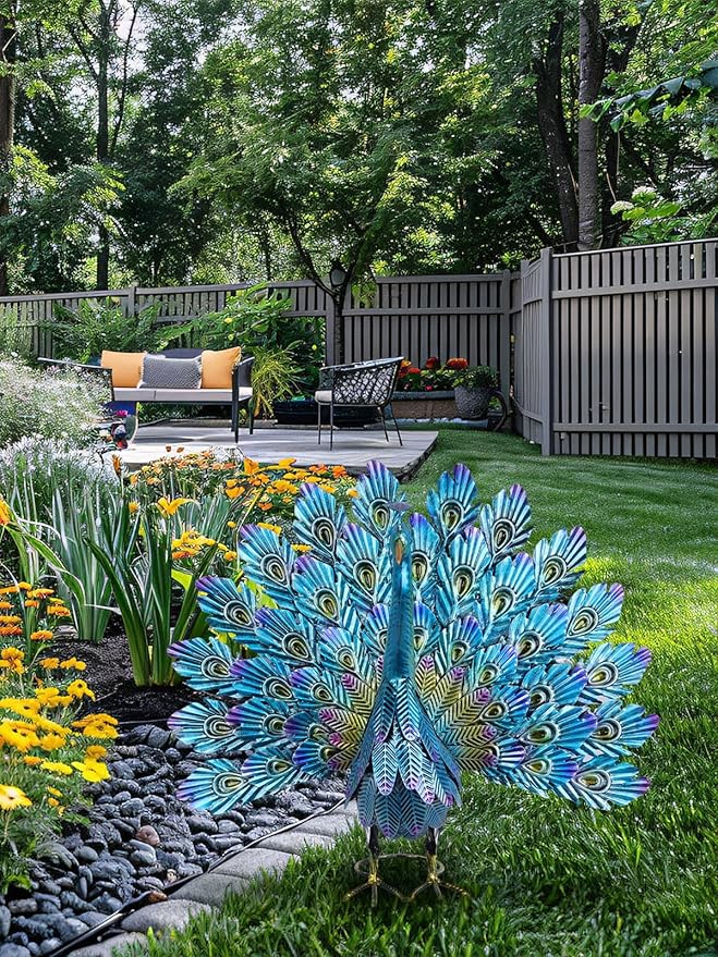 YEAHOME Garden Decor Outdoor Statues, 22.4" Large Metal Peacock Standing Yard Art, Blue Green Bird Lawn Sculptures Garden Decor for Outside Patio Porch Backyard